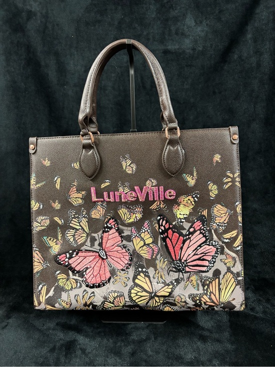 LuneVille Handbags - LuneVille Butterfly Coffee Brown Embroidered Large Tote Bag